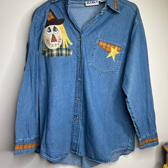 vintage 90s 1990s retro fall autumn Scarecrow patchwork denim button-up shirt xl - Picture 3 of 8